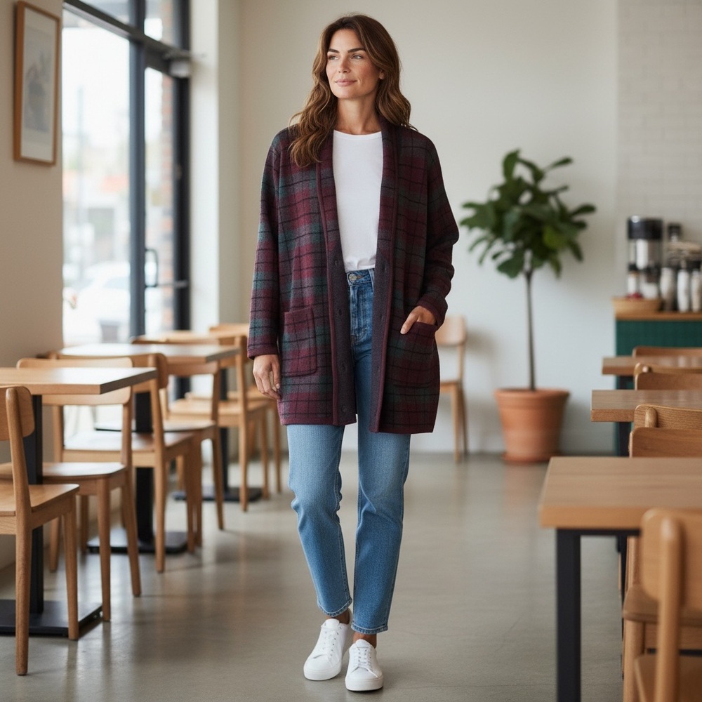 Denim & Co Shacket Women’s 1X Burgundy Gray Box Tartan‎ Plaid Cotton Knit Open